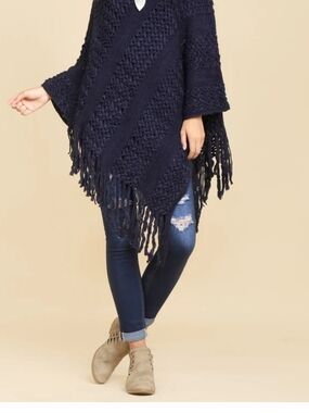 Free People Navy Patterned Fringe Knit Poncho